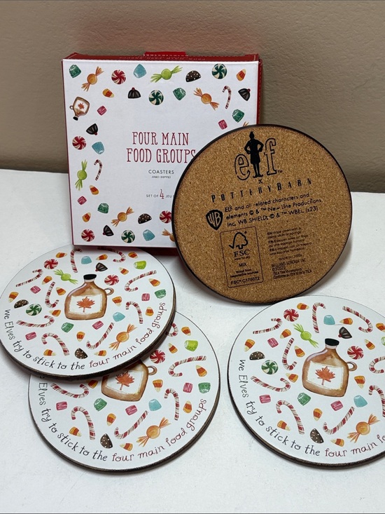 Pottery Barn Other - Pottery Barn Holiday Elf Coaster Set - White with Red, Green, Orange Accents